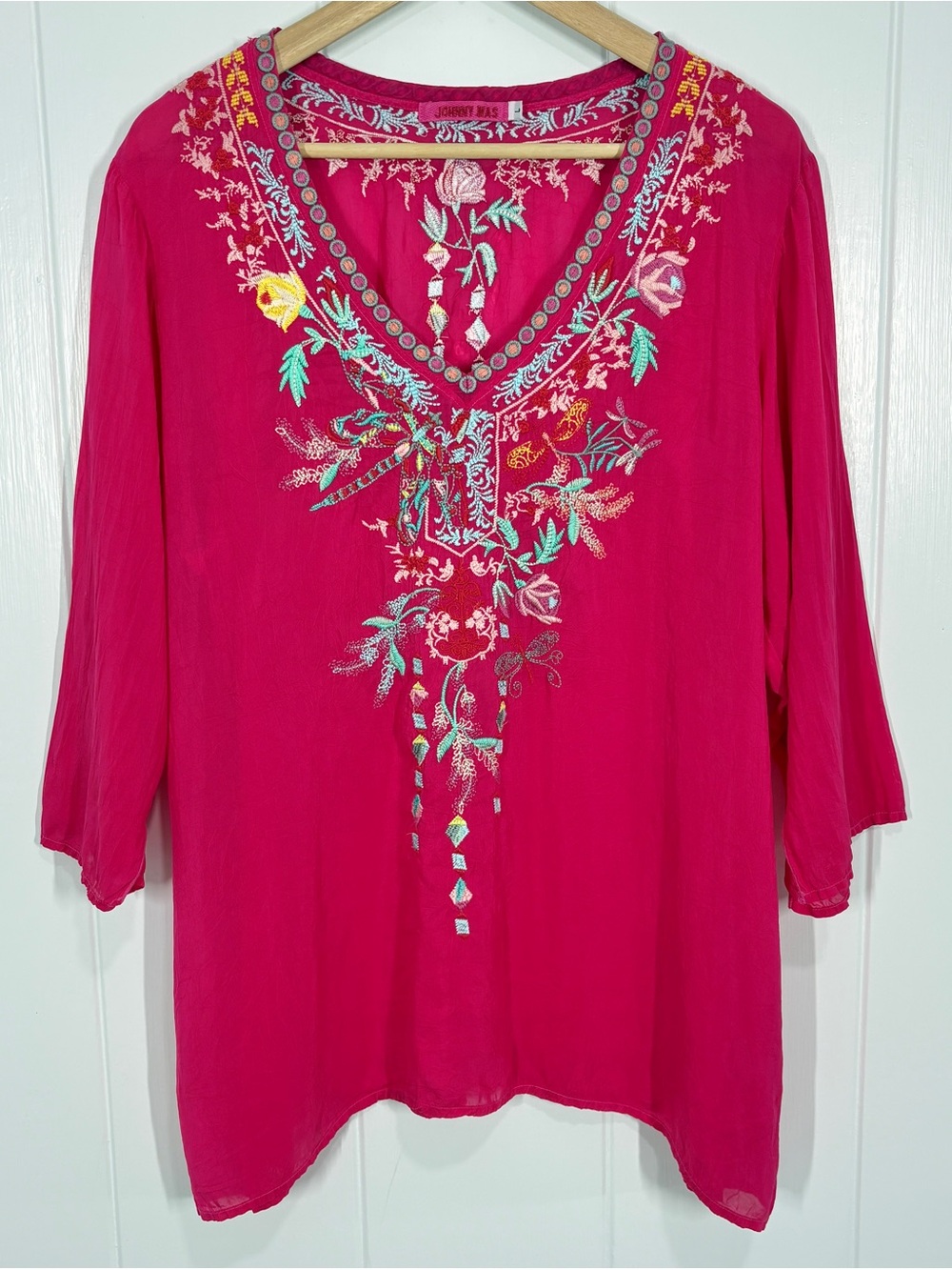 Johnny Was Boho Floral Embroidered Blouse Size Large Pink 3/4 Sleeve Rayon
